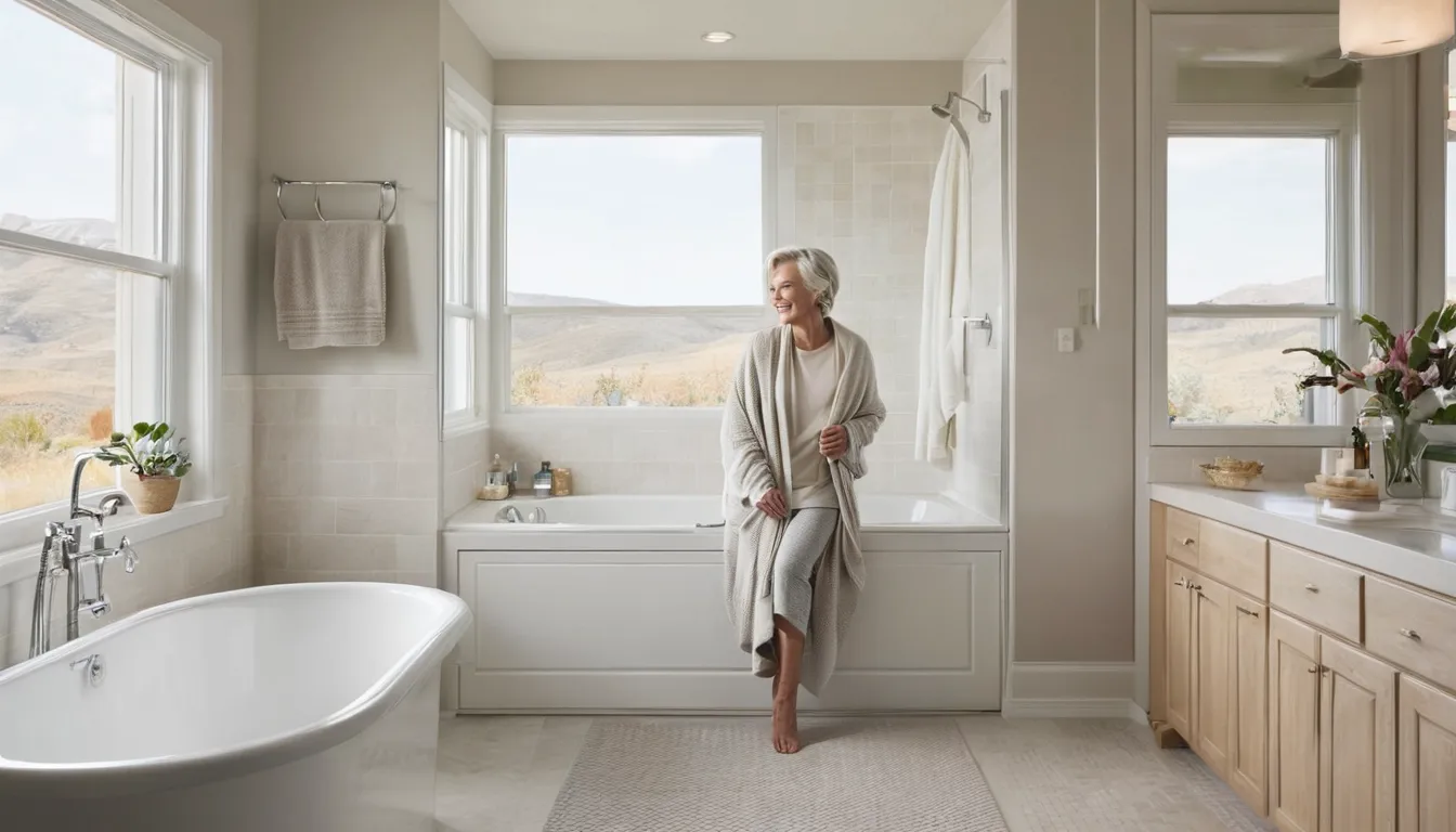 A walk-in tub with an open side door in a bright home bathroom in Westhampton Beach